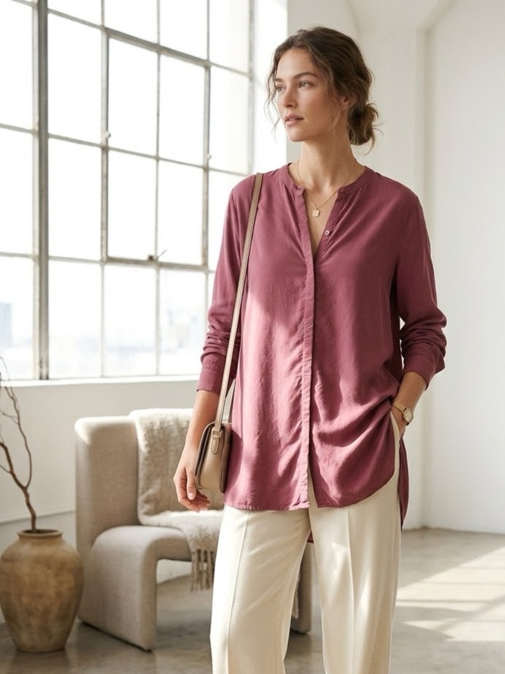 Eileen Fisher Mauve Pink Silk Mandarin Collar Tunic Blouse - Small